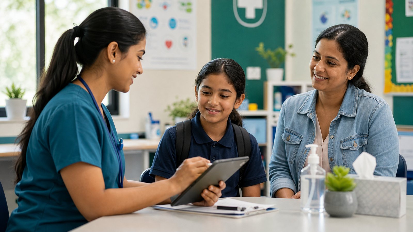 School health screening with student, parent and health worker